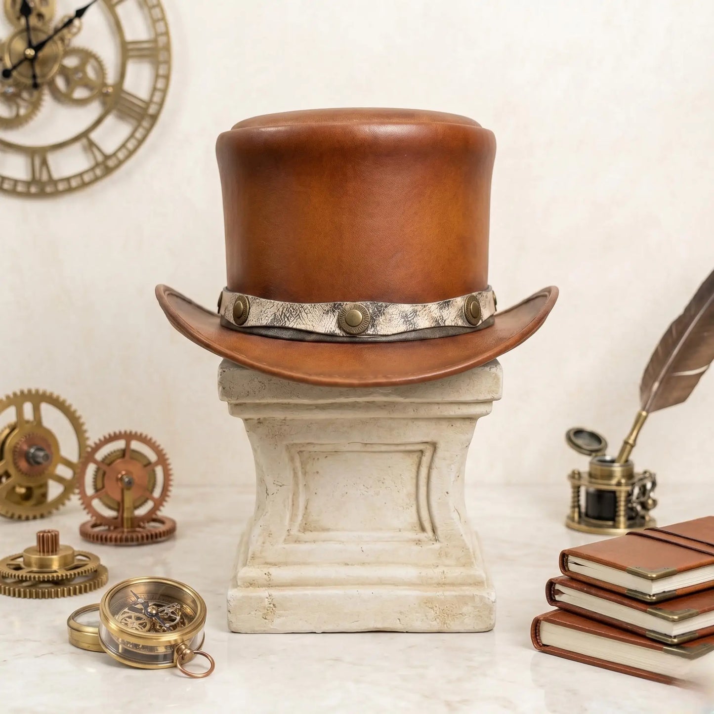 Handmade Brown Leather Steampunk Top Hat – Vintage Victorian Gothic Fashion