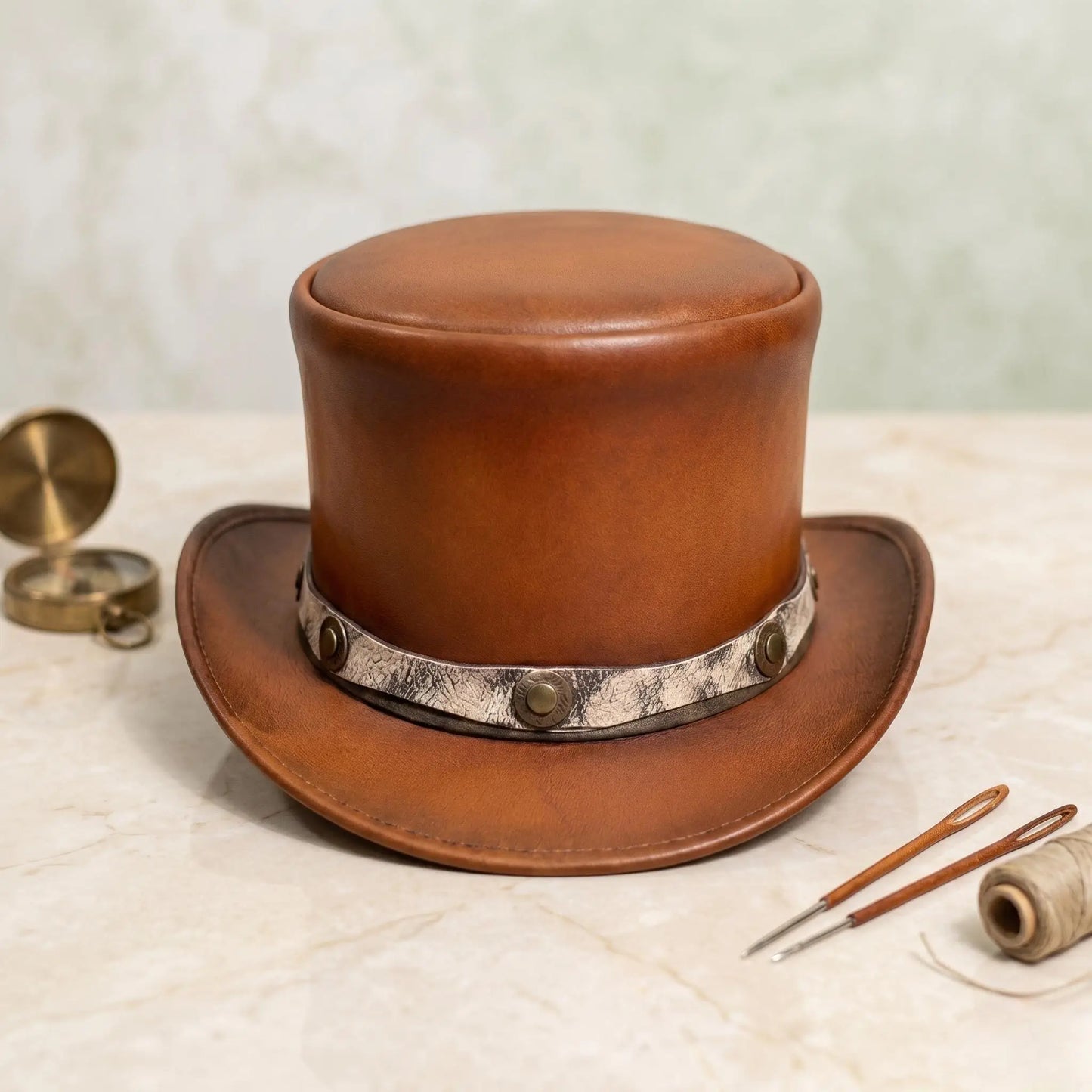 Handmade Brown Leather Steampunk Top Hat – Vintage Victorian Gothic Fashion