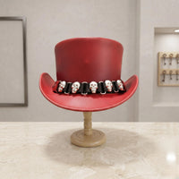 Handmade Red Leather Skull Top Hat – Bold Steampunk, Gothic & Cosplay Fashion