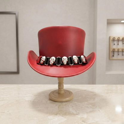 Handmade Red Leather Skull Top Hat – Bold Steampunk, Gothic & Cosplay Fashion