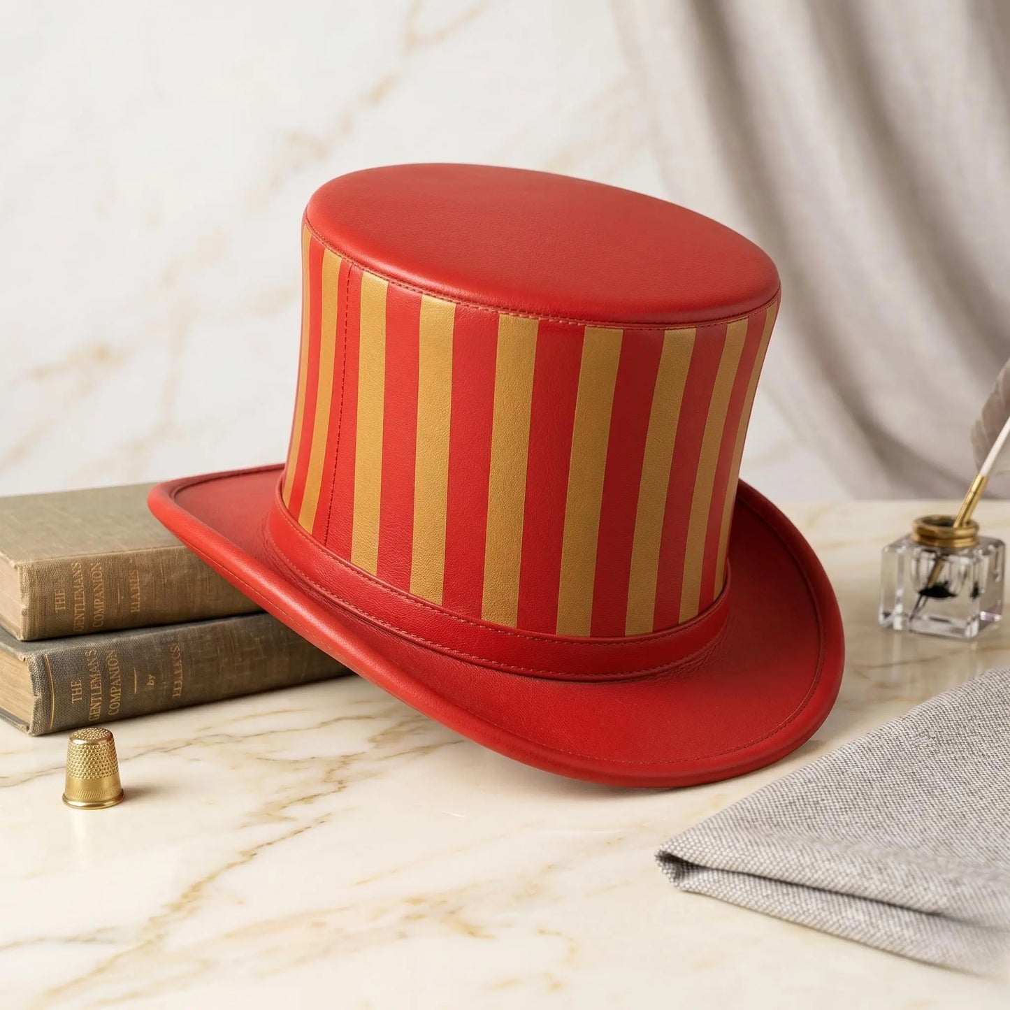 Red Striped Leather Top Hat – Steampunk & Victorian Statement Headwear