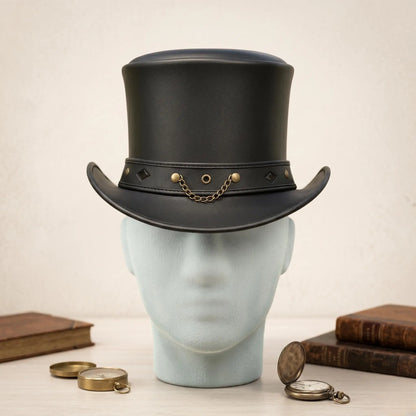 Handcrafted Steampunk Leather Top Hat – Victorian Gothic Cosplay & Alternative Fashion Headwear