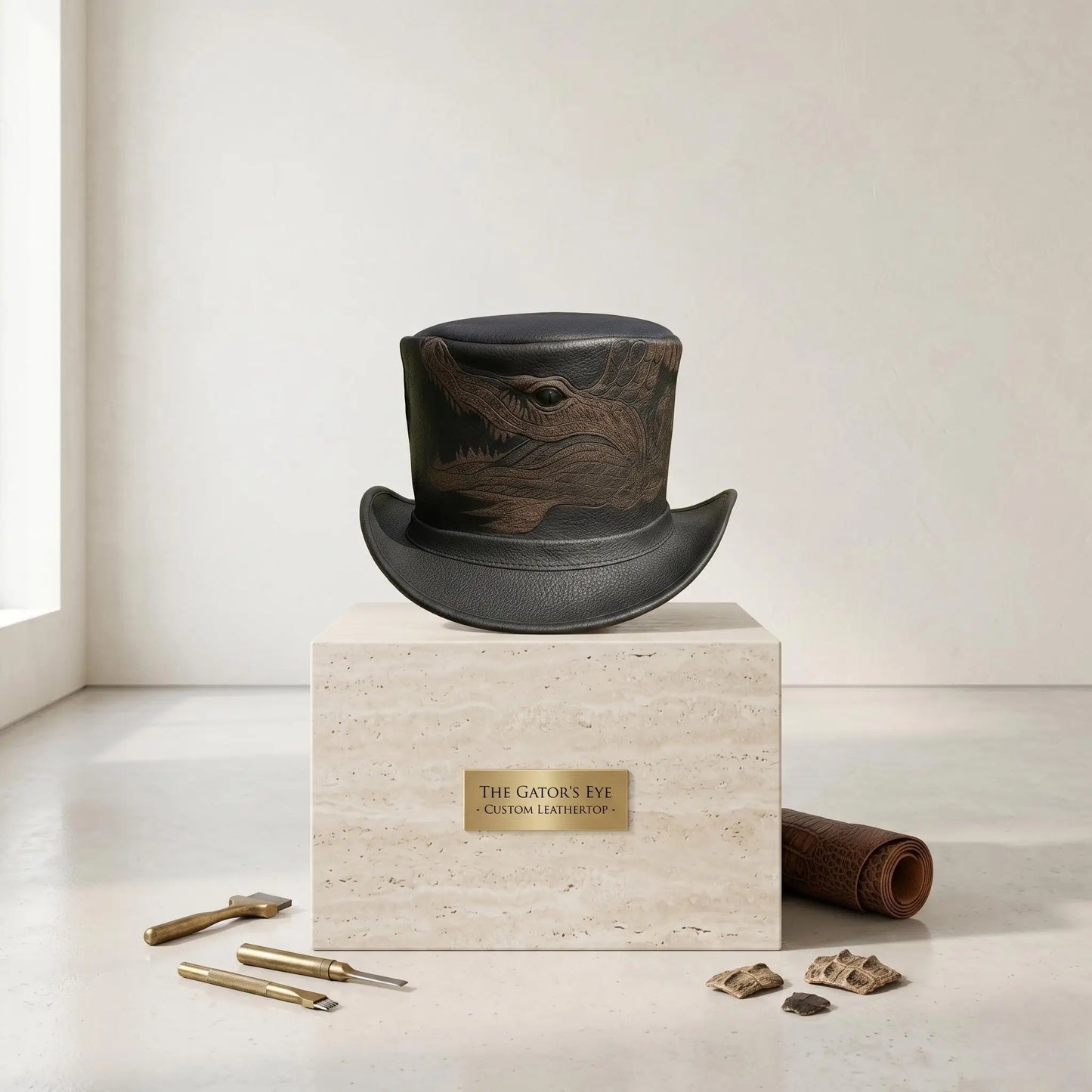 Handcrafted Dragon Leather Top Hat – Steampunk & Gothic Victorian Silhouette