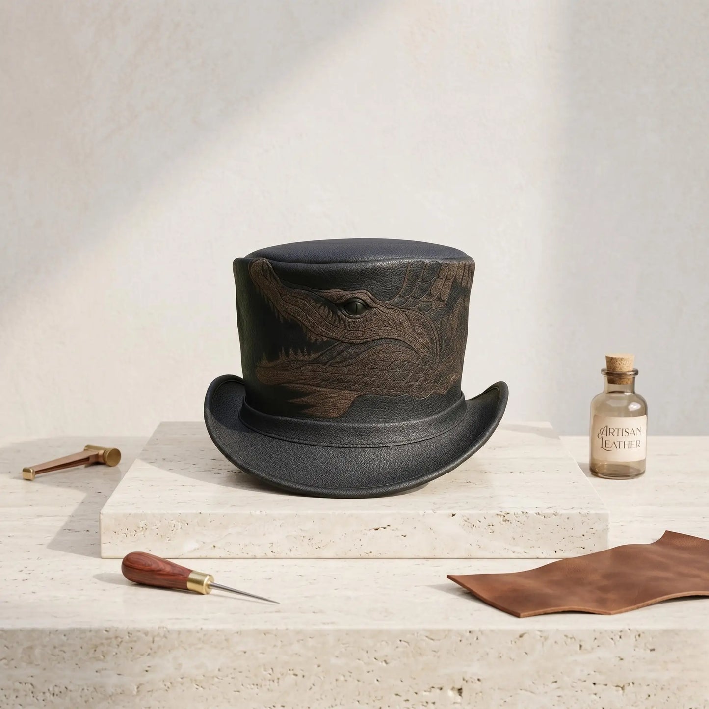 Handcrafted Dragon Leather Top Hat – Steampunk & Gothic Victorian Silhouette