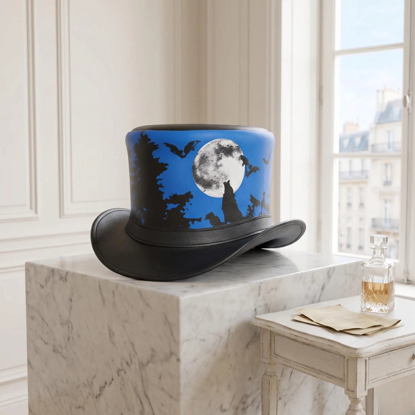 Handcrafted Steampunk Leather Top Hat – Gothic Moonlit Forest & Bats Design