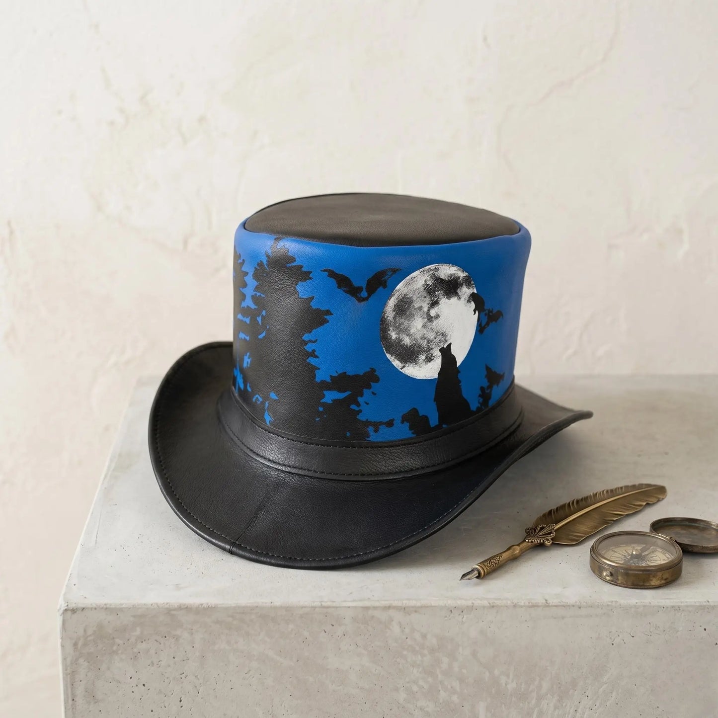 Handcrafted Steampunk Leather Top Hat – Gothic Moonlit Forest & Bats Design