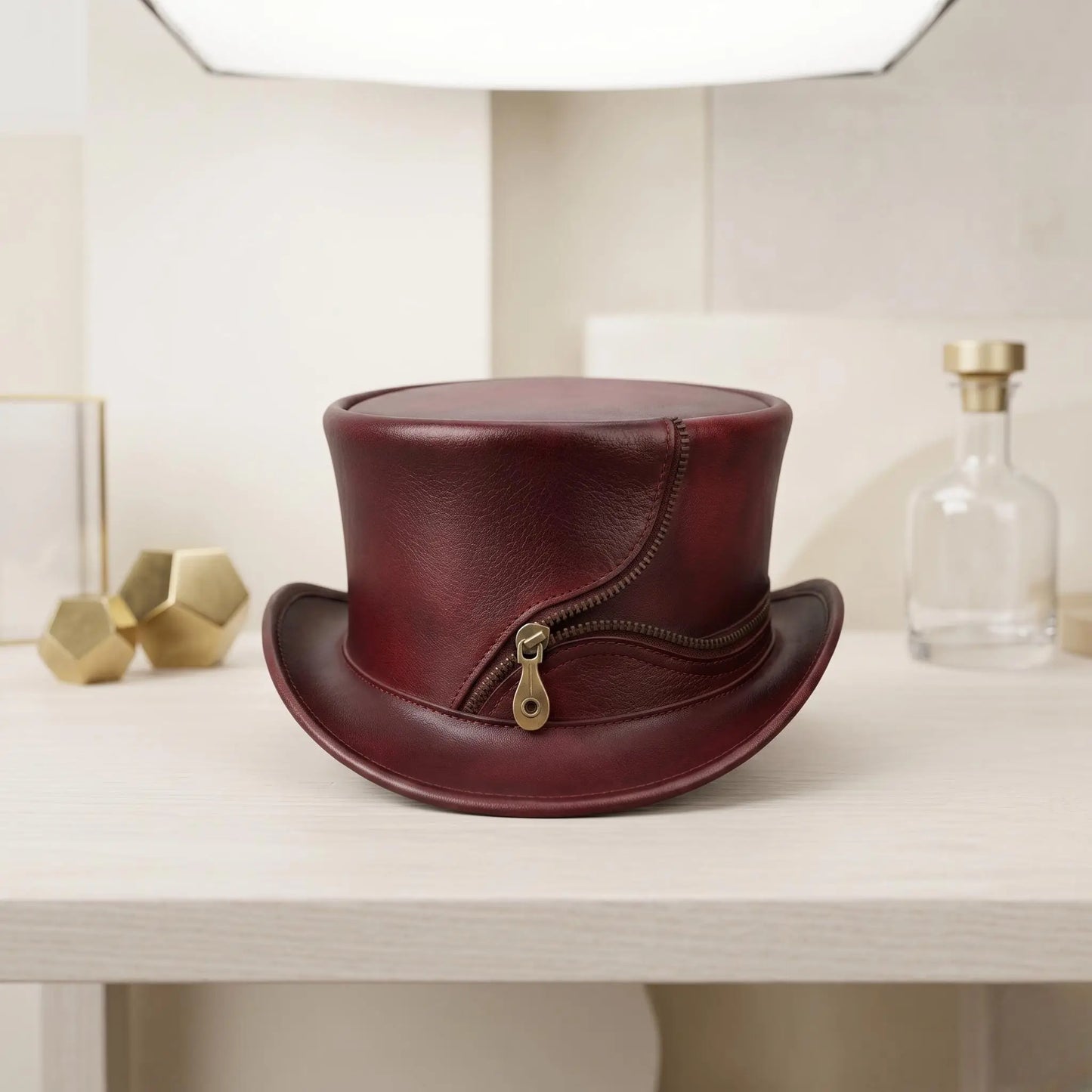 Handcrafted Burgundy Leather Steampunk Top Hat | Gothic & Victorian Zipper Detail