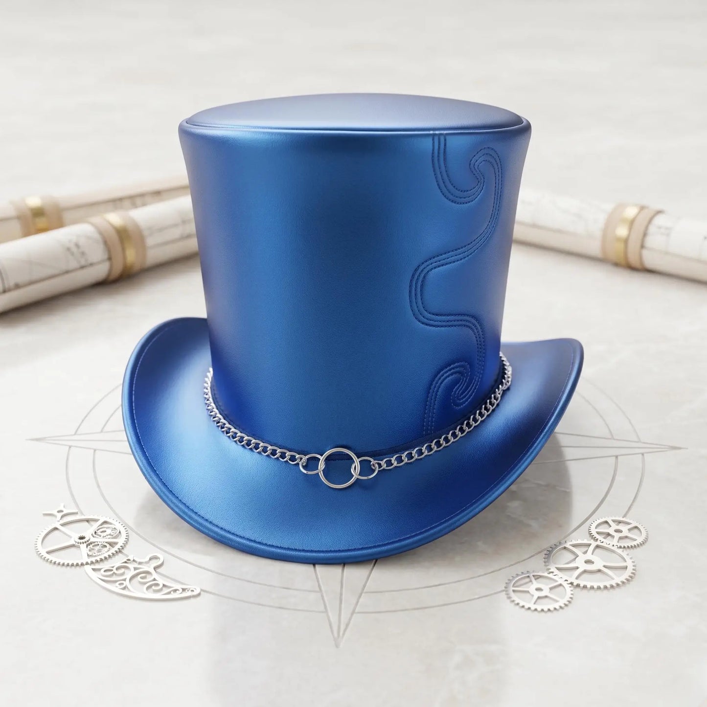 Blue Leather Steampunk Top Hat with Silver Chain Band