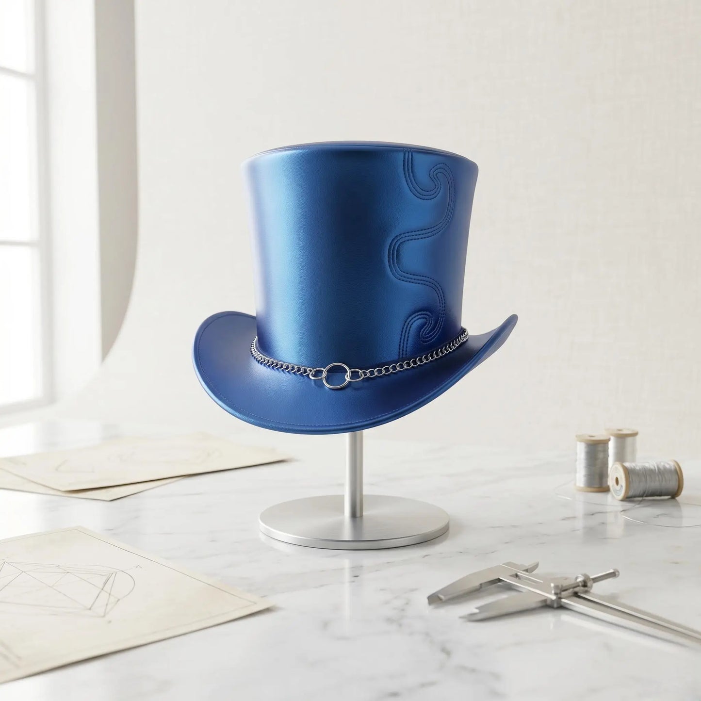 Blue Leather Steampunk Top Hat with Silver Chain Band