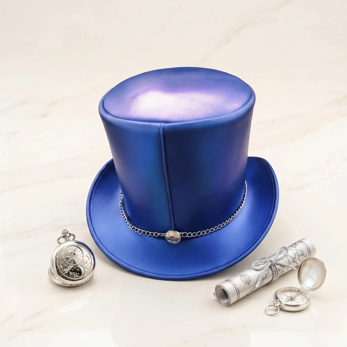 Blue Leather Steampunk Top Hat with Silver Chain Band