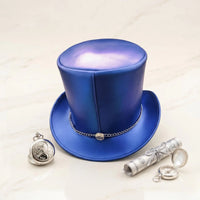 Blue Leather Steampunk Top Hat with Silver Chain Band