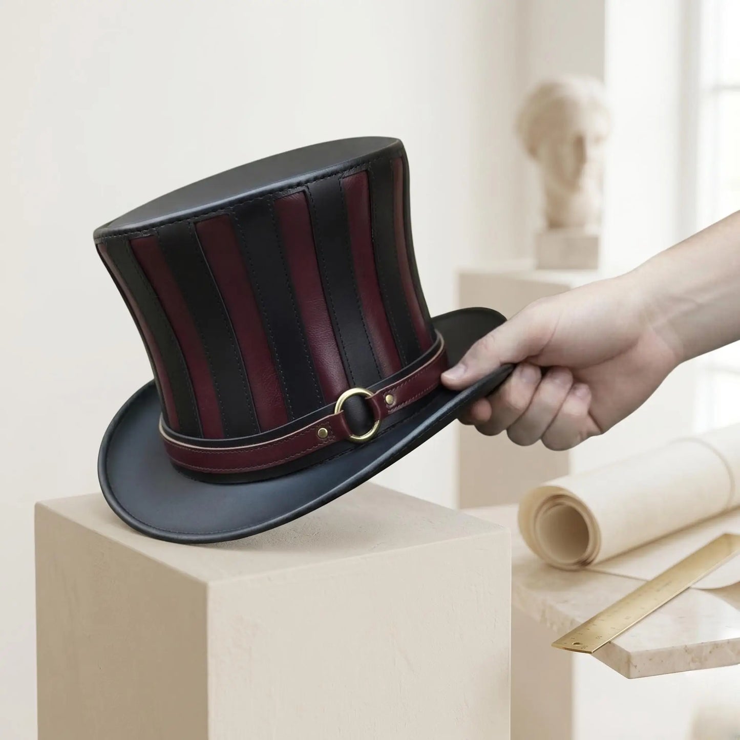 Handmade Steampunk Leather Top Hat — Black & Burgundy Victorian Gothic Cosplay Hat