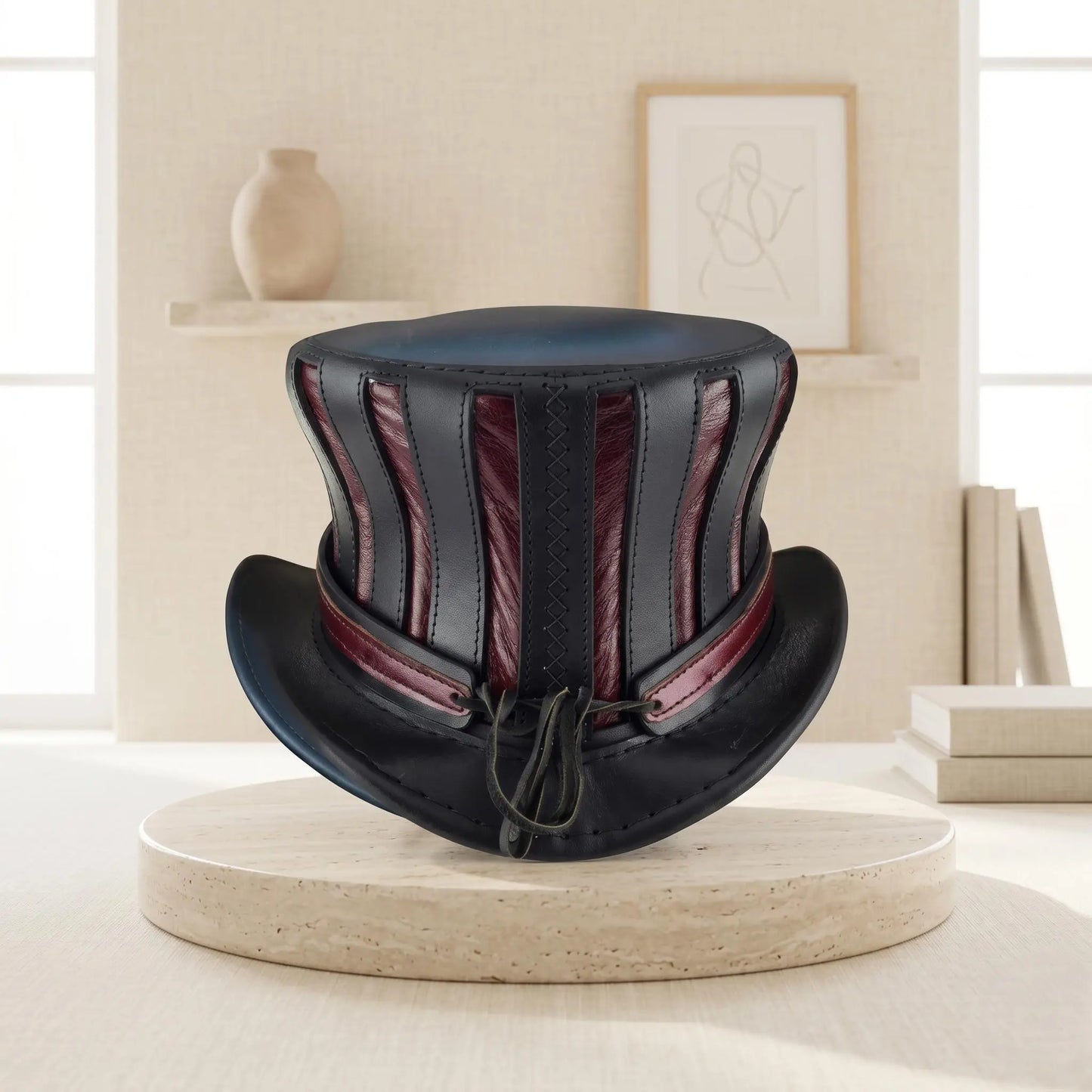 Handmade Steampunk Leather Top Hat — Black & Burgundy Victorian Gothic Cosplay Hat