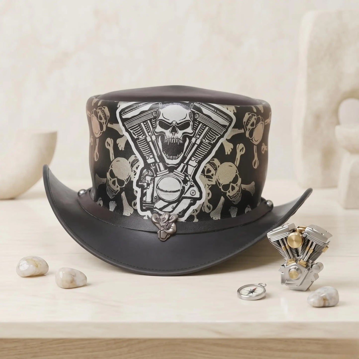 High-Octane Gothic Style Handcrafted Leather Skull & Engine Top Hat