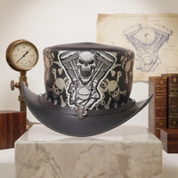 High-Octane Gothic Style Handcrafted Leather Skull & Engine Top Hat