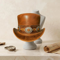 Brown Leather Top Hat: Western Concho Band, Steampunk Victorian Style