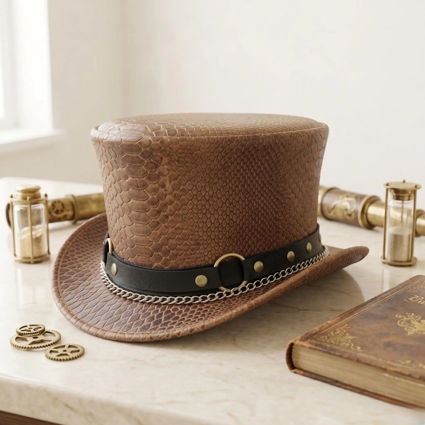 Handcrafted Men’s Brown Snakeskin Leather Steampunk Top Hat