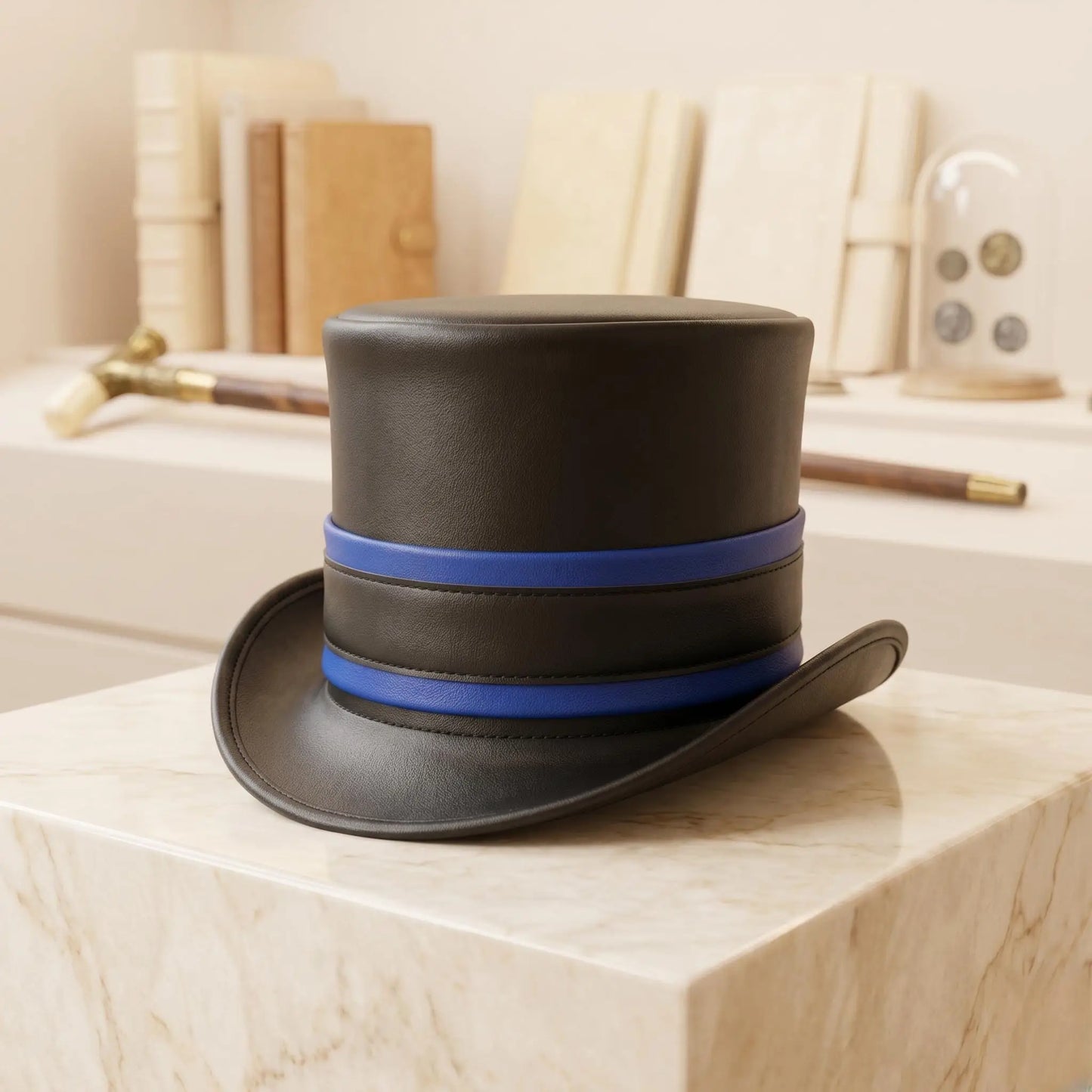 Handmade Black Leather Steampunk Top Hat with Blue Band – Gothic Cosplay & Festival Headwear