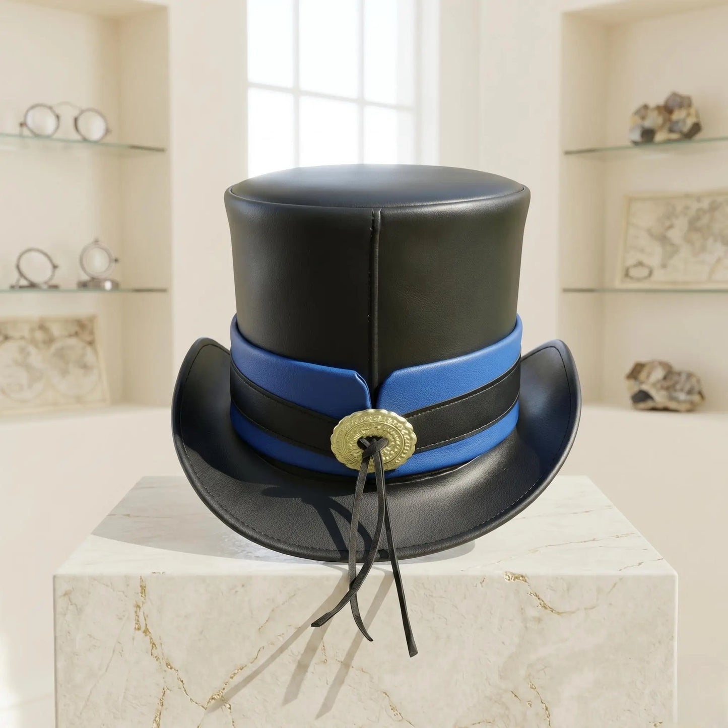 Handmade Black Leather Steampunk Top Hat with Blue Band – Gothic Cosplay & Festival Headwear