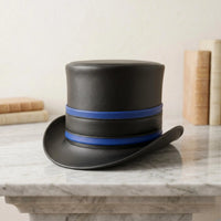 Handmade Black Leather Steampunk Top Hat with Blue Band – Gothic Cosplay & Festival Headwear