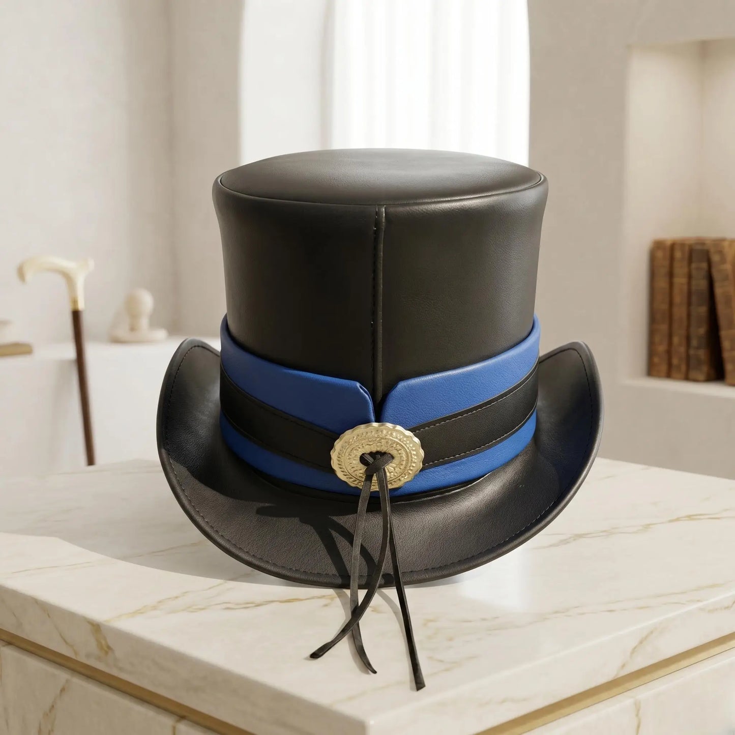 Handmade Black Leather Steampunk Top Hat with Blue Band – Gothic Cosplay & Festival Headwear