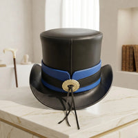 Handmade Black Leather Steampunk Top Hat with Blue Band – Gothic Cosplay & Festival Headwear