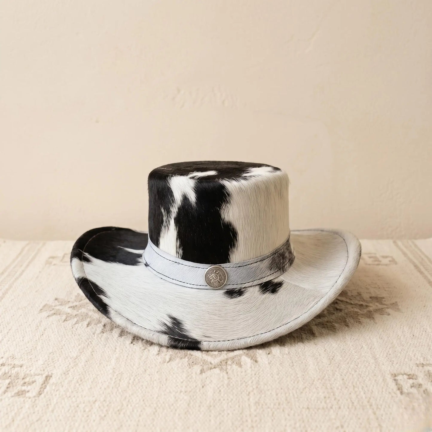 Black & White Cowhide Western Top Hat | Authentic Cow Print Cowboy Hat