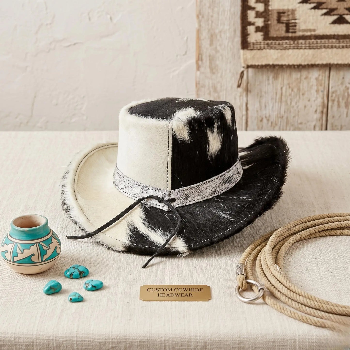 Black & White Cowhide Western Top Hat | Authentic Cow Print Cowboy Hat