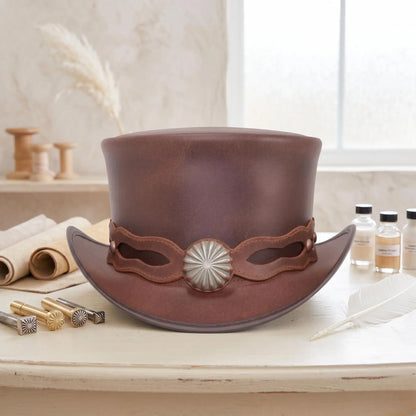 Handmade Brown Leather Steampunk Top Hat – Victorian Vintage Western Cosplay Crown