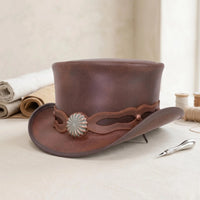 Handmade Brown Leather Steampunk Top Hat – Victorian Vintage Western Cosplay Crown