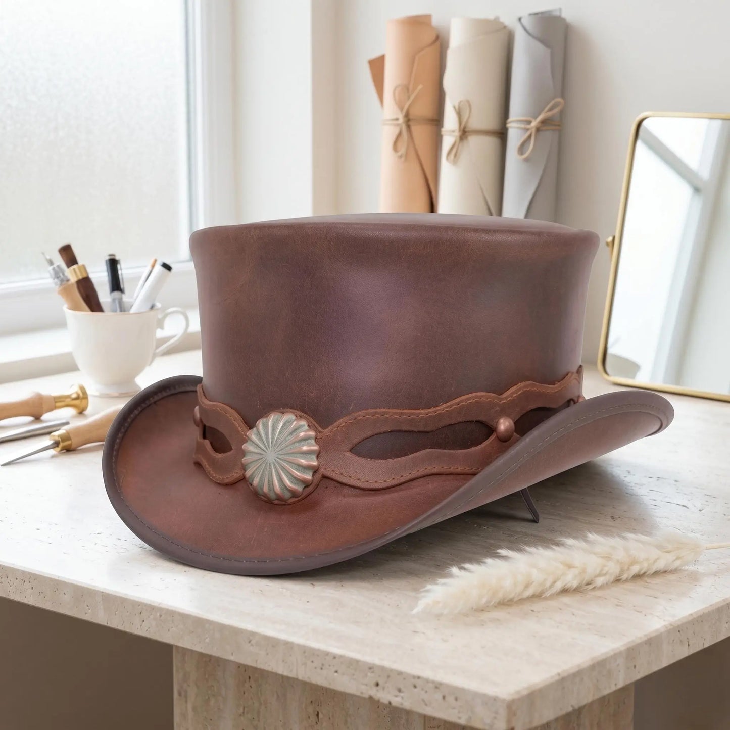 Handmade Brown Leather Steampunk Top Hat – Victorian Vintage Western Cosplay Crown