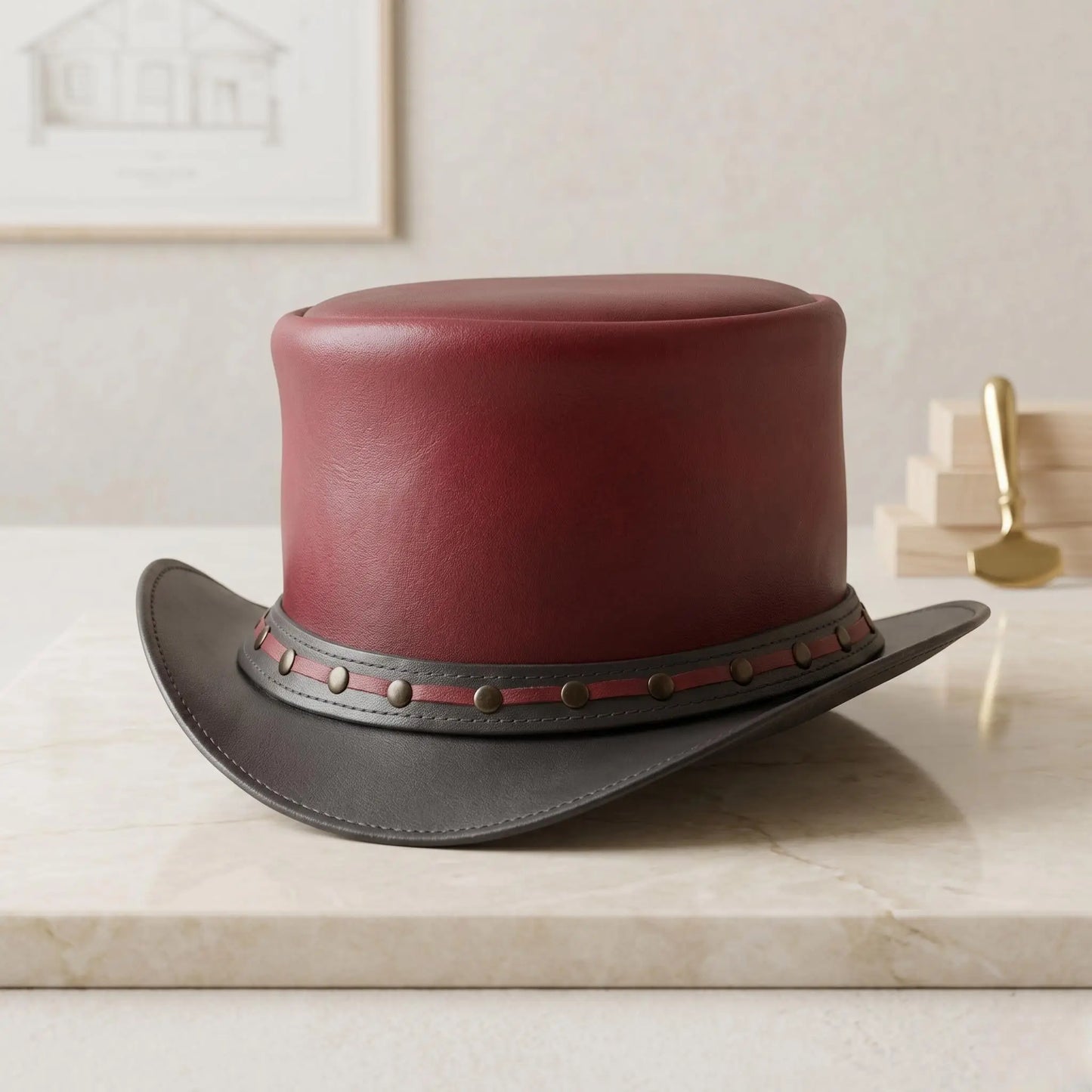Handmade Red Leather Top Hat | Steampunk & Victorian Cosplay Hat