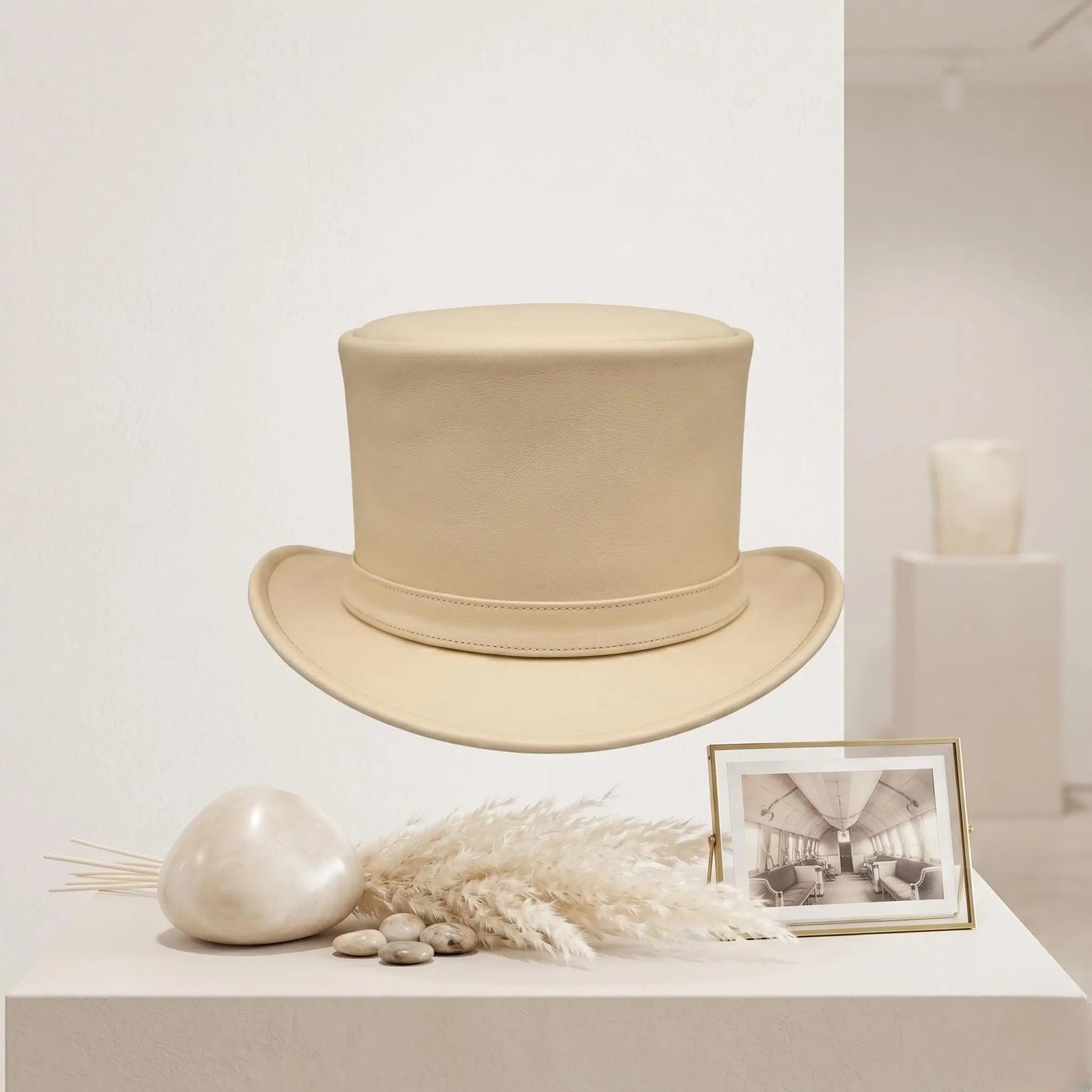 Handmade Beige Leather Top Hat – Victorian & Steampunk Elegance