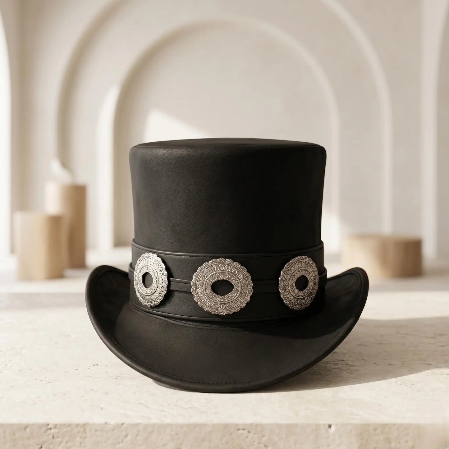 Artisan Black Leather Top Hat with Silver Conchos | Gothic & Steampunk Stage Wear