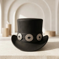 Artisan Black Leather Top Hat with Silver Conchos | Gothic & Steampunk Stage Wear
