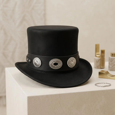 Artisan Black Leather Top Hat with Silver Conchos | Gothic & Steampunk Stage Wear