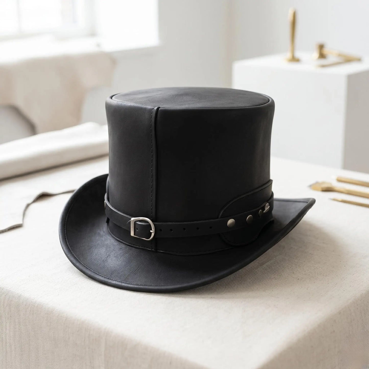 Artisan Black Leather Top Hat with Silver Conchos | Gothic & Steampunk Stage Wear