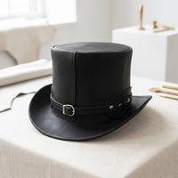 Artisan Black Leather Top Hat with Silver Conchos | Gothic & Steampunk Stage Wear