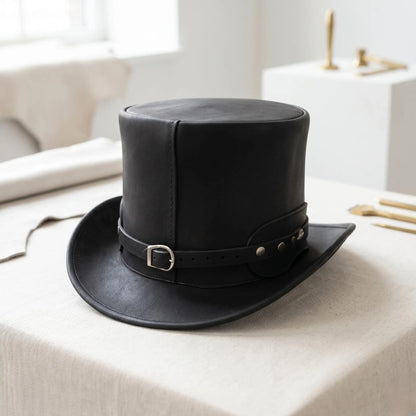 Artisan Black Leather Top Hat with Silver Conchos | Gothic & Steampunk Stage Wear