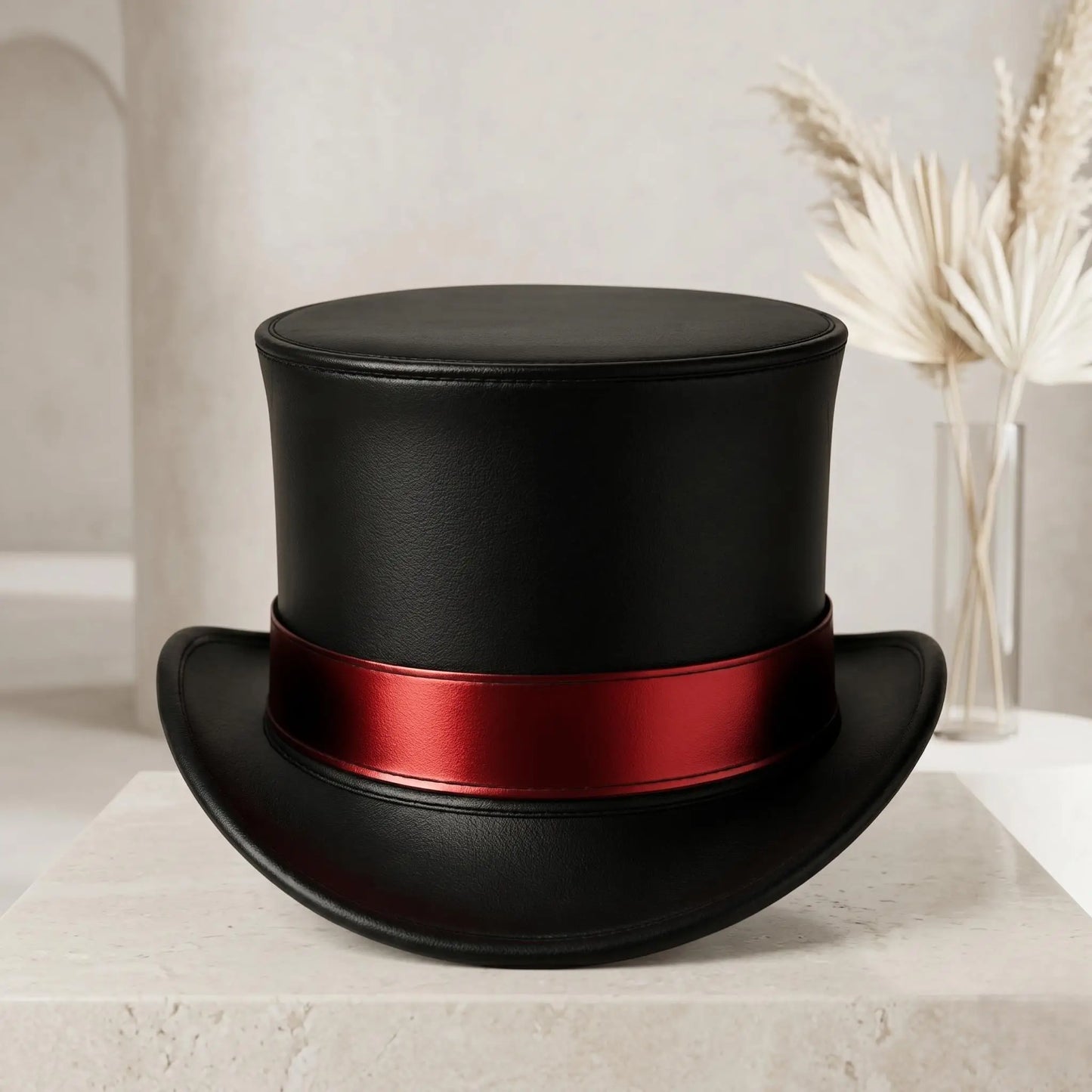 Gothic Steampunk Black Leather Top Hat with Crimson Band