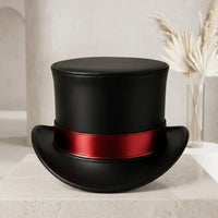 Gothic Steampunk Black Leather Top Hat with Crimson Band