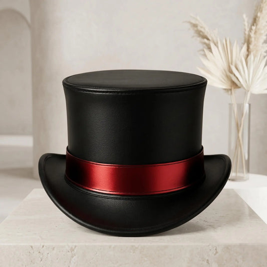 Gothic Steampunk Black Leather Top Hat with Crimson Band