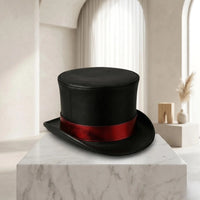 Gothic Steampunk Black Leather Top Hat with Crimson Band