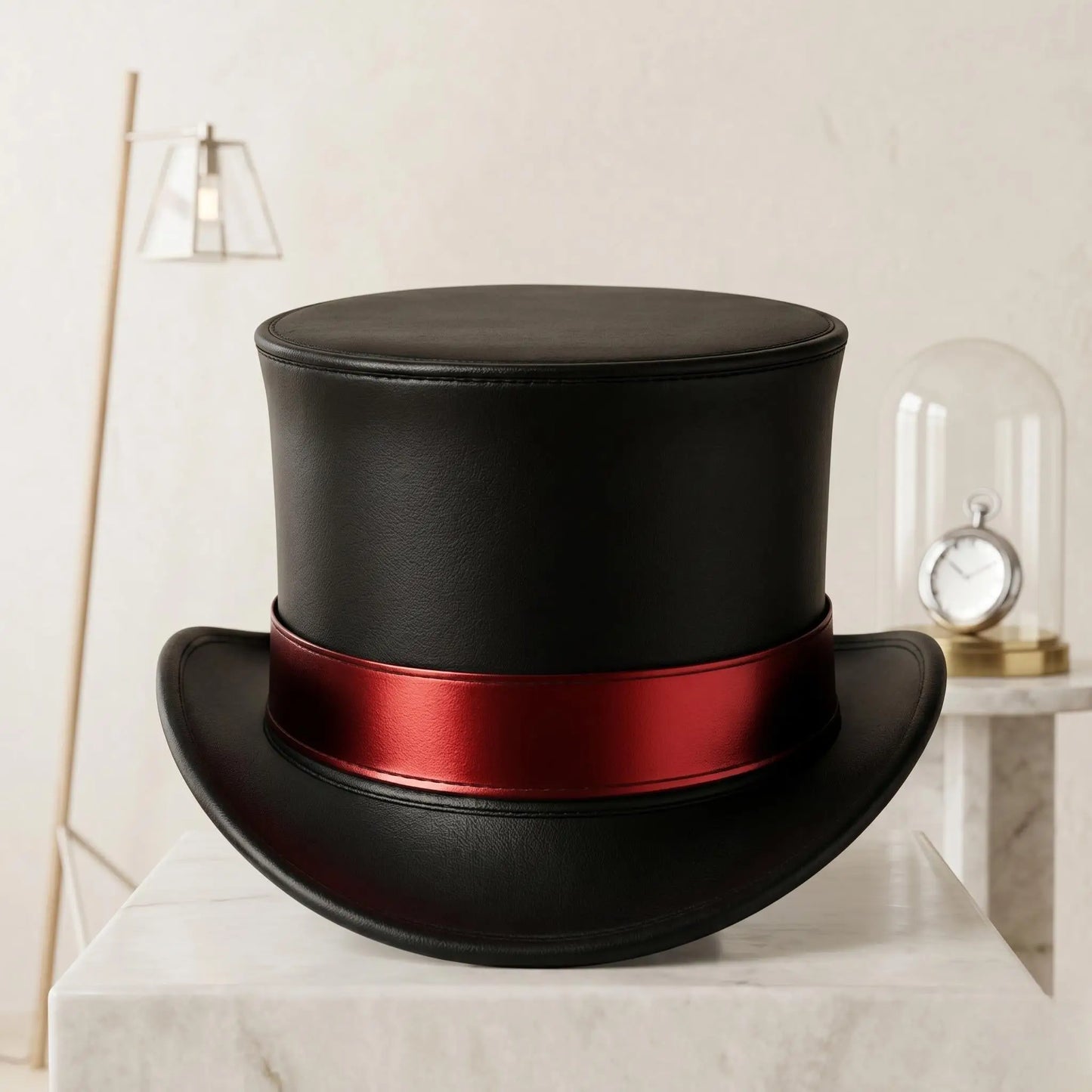Gothic Steampunk Black Leather Top Hat with Crimson Band
