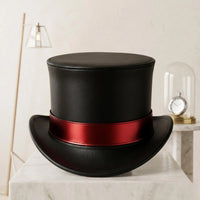 Gothic Steampunk Black Leather Top Hat with Crimson Band