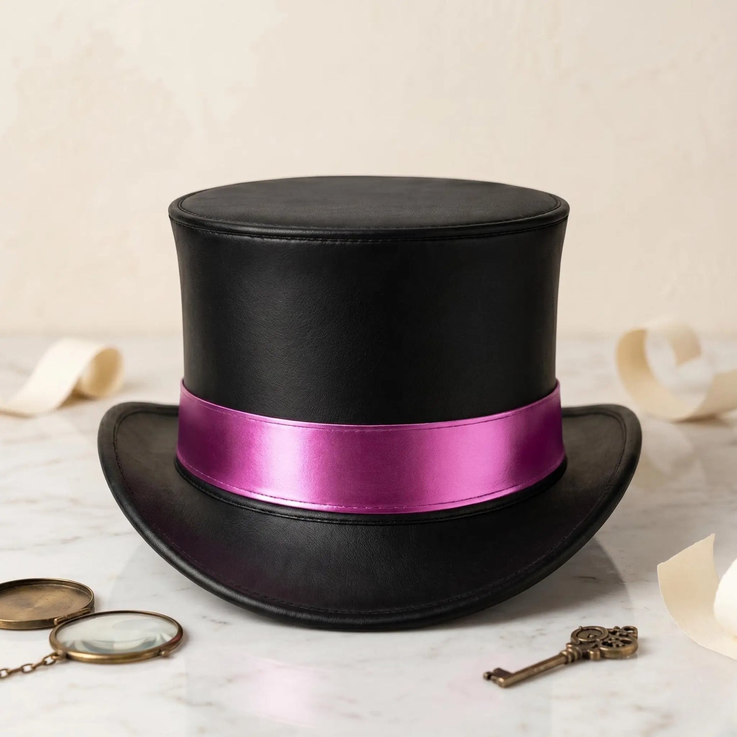 Black Leather Top Hat with Pink Satin Band – Steampunk Gothic Cosplay Festival Headwear