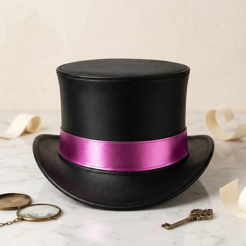 Black Leather Top Hat with Pink Satin Band – Steampunk Gothic Cosplay Festival Headwear