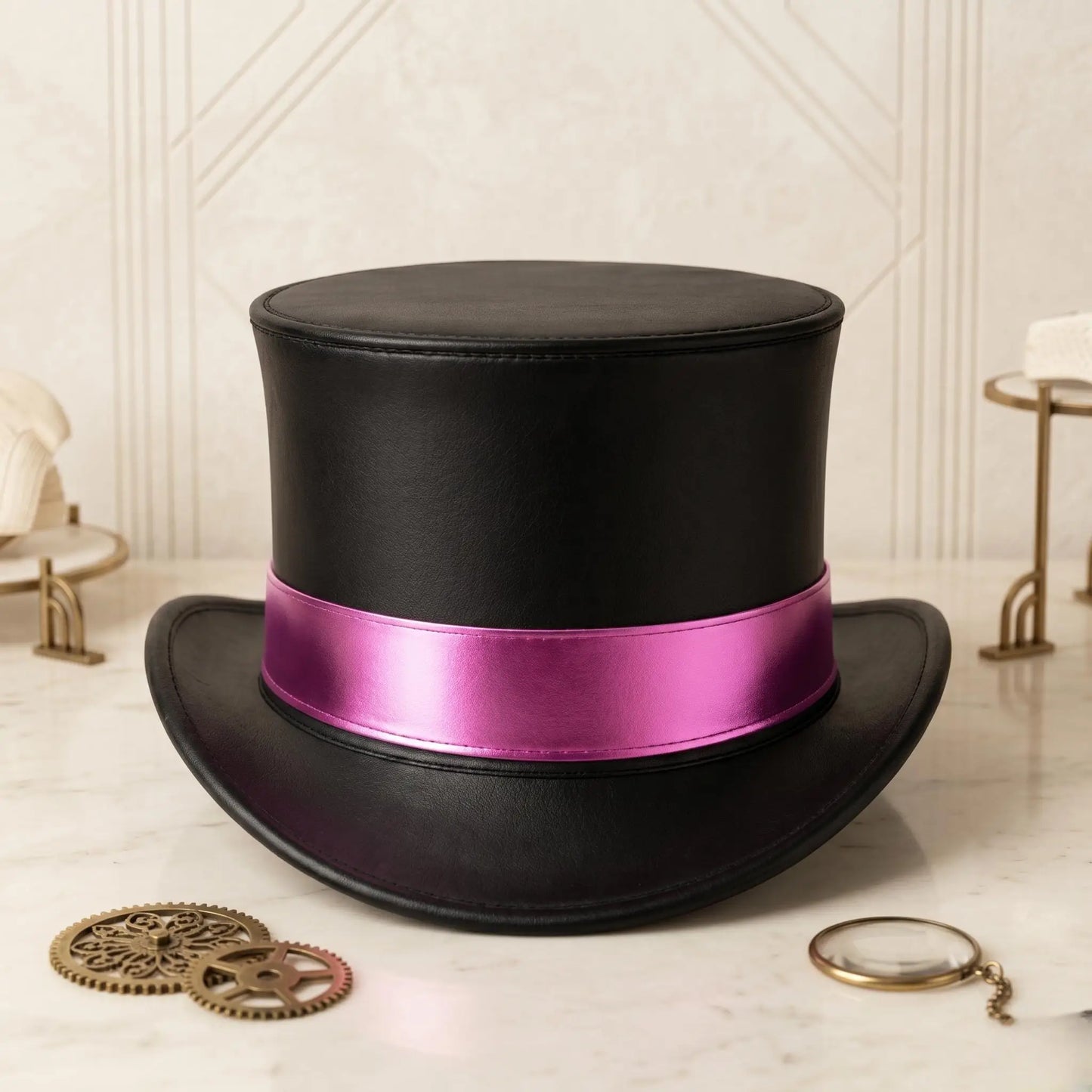 Black Leather Top Hat with Pink Satin Band – Steampunk Gothic Cosplay Festival Headwear