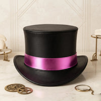 Black Leather Top Hat with Pink Satin Band – Steampunk Gothic Cosplay Festival Headwear
