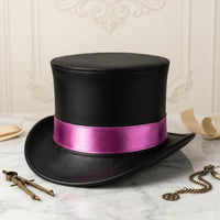 Black Leather Top Hat with Pink Satin Band – Steampunk Gothic Cosplay Festival Headwear